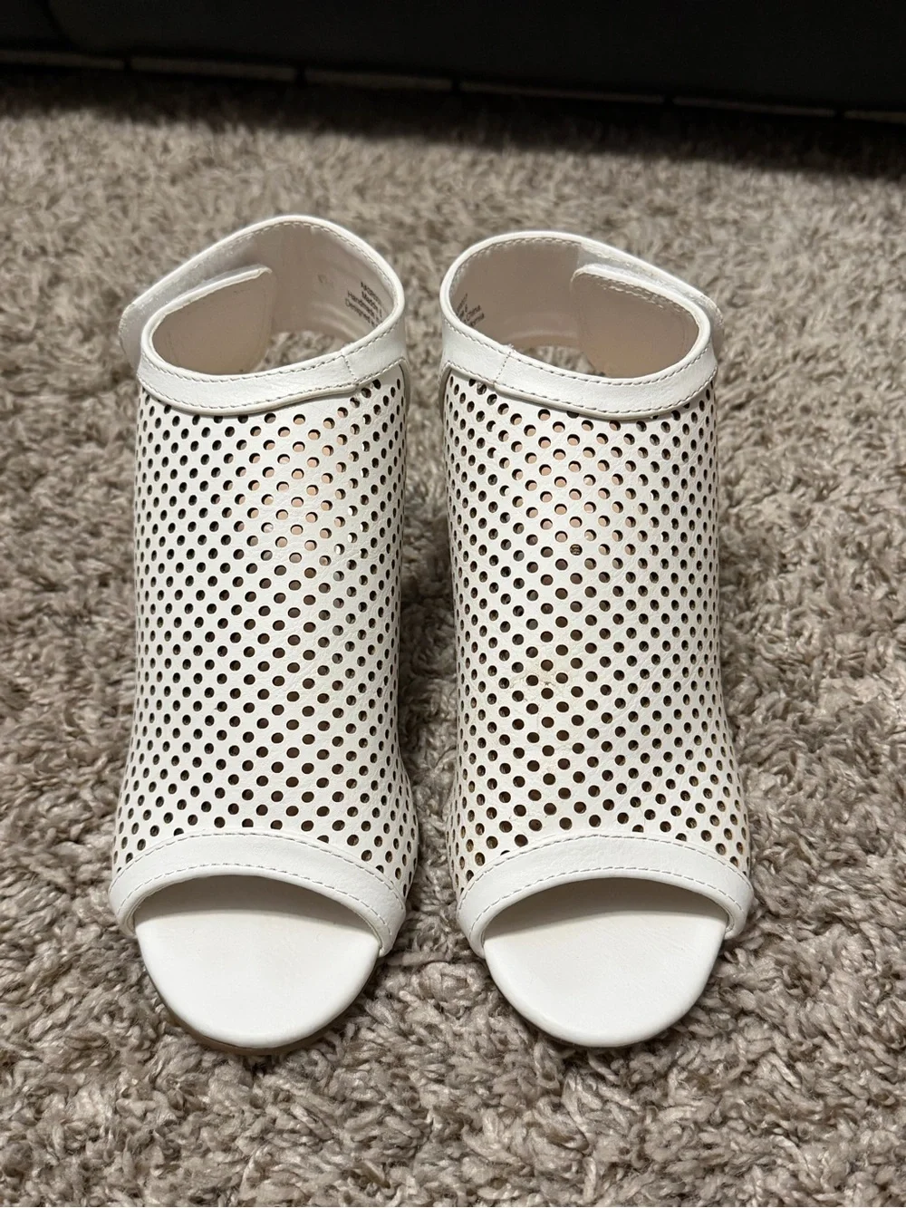 White Perforated Peep-Toe Block Heel Sandals for Women